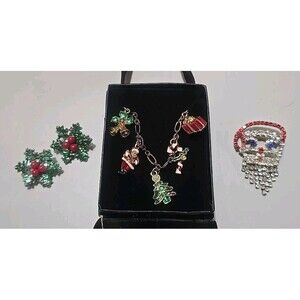 Christmas Bracelet, Pin, Clip On Earrings - Lot Of 3